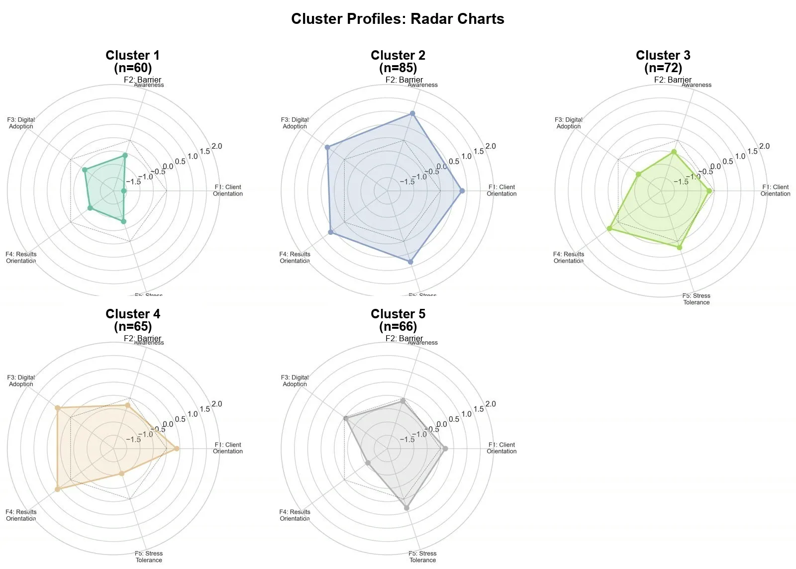 Five cluster profiles from a client segmentation study, visualized as radar charts across behavioral dimensions.